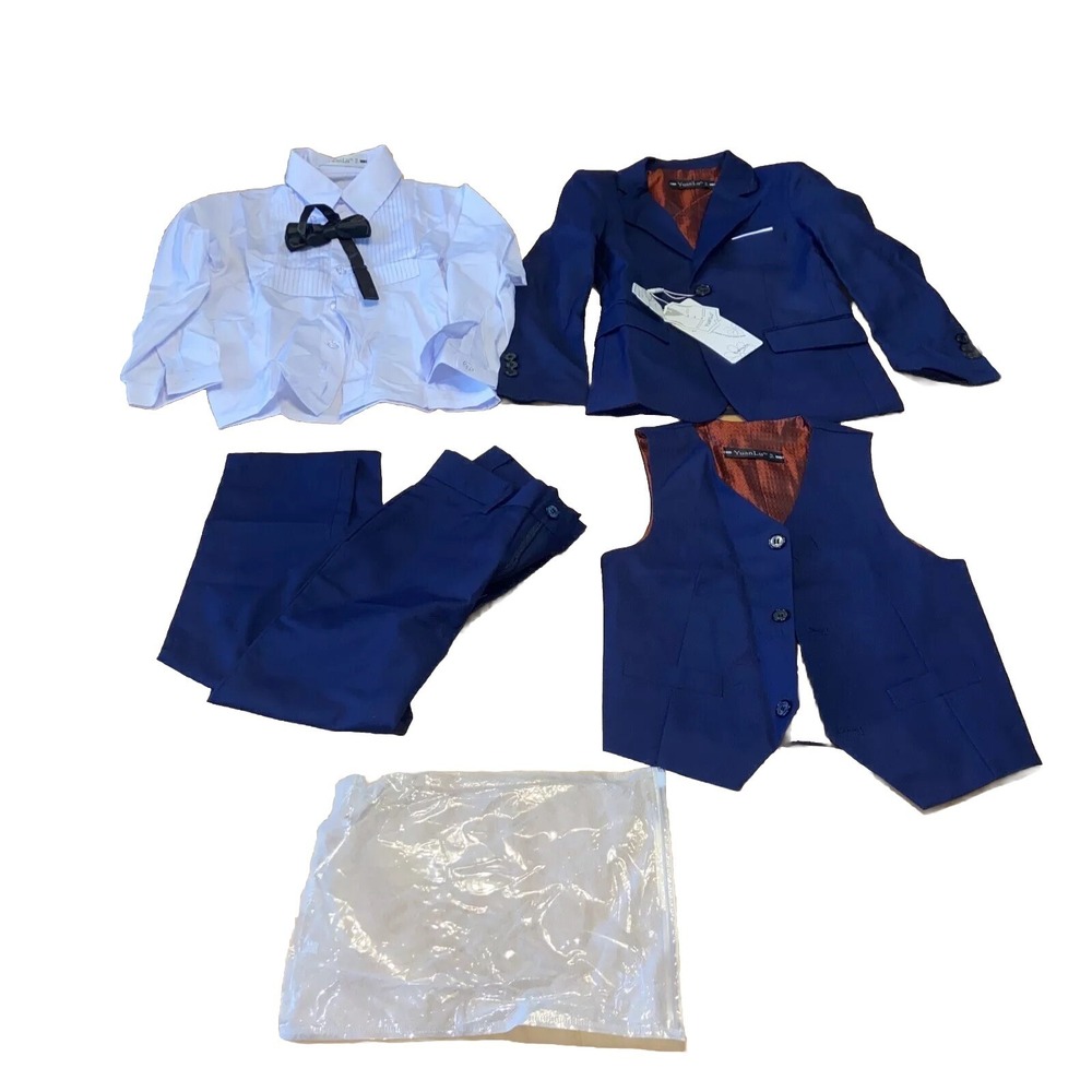 Yuan Lu Boys 5 Suit Set Size 5 Navy Blue Jacket Pants Shirt Vest Tie